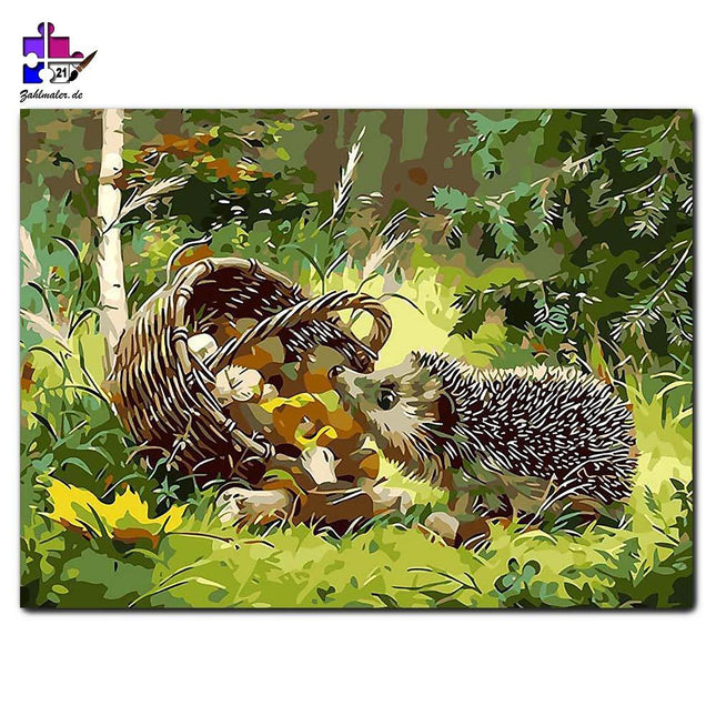 Der kleine Igel hat die Pilze gefunden | Malen nach Zahlen-Zahlmaler.de