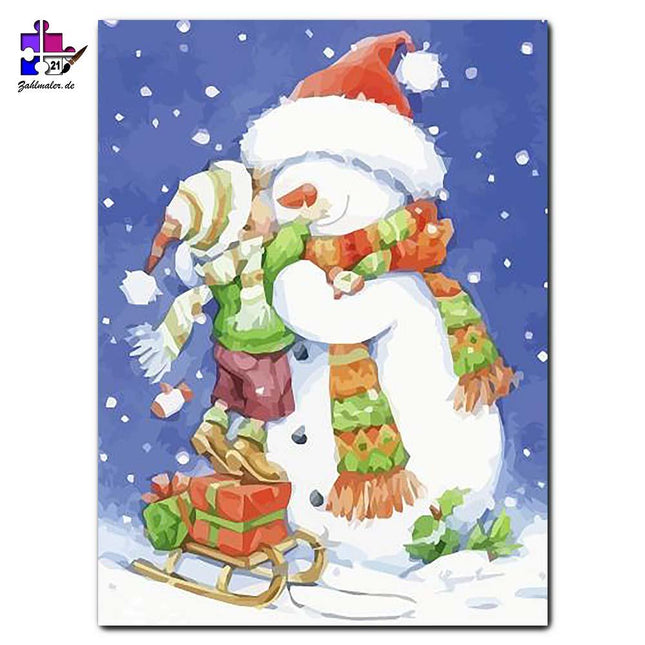 Der kleine Junge und sein Schneemann | Malen nach Zahlen-Zahlmaler.de