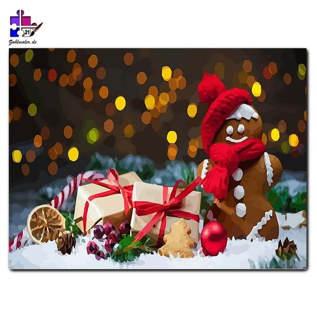 Der kleine Lebkuchenmann bringt Geschenke | Malen nach Zahlen-Zahlmaler.de