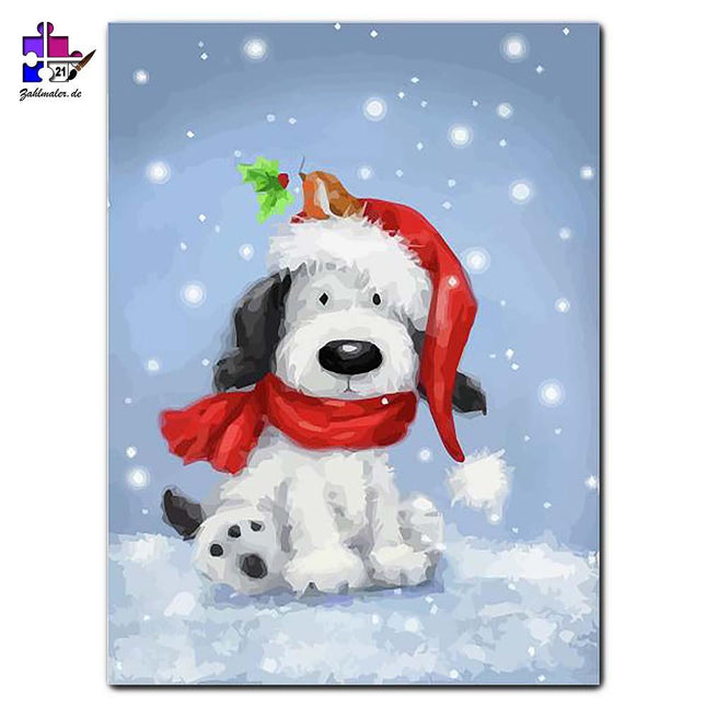 Der Plüschhund mit Weihnachtsmannmütze | Malen nach Zahlen-Zahlmaler.de