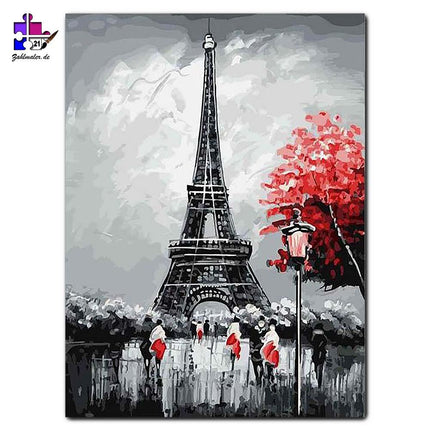 Der rote Baum unterm Eiffelturm - schwarz-weiß | Malen nach Zahlen-Zahlmaler.de