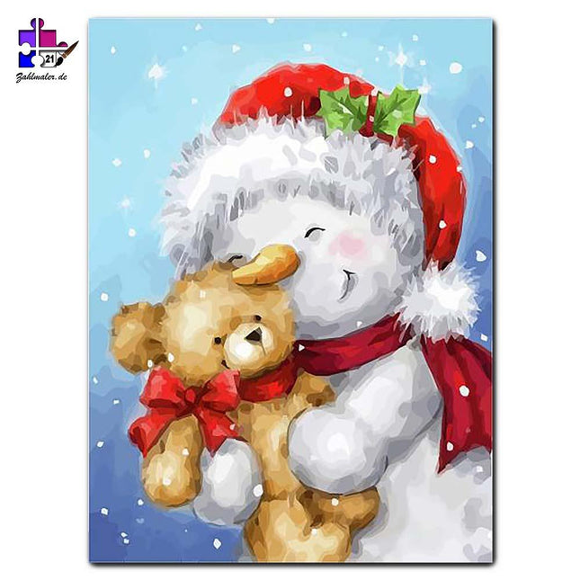 Der Schneemann und sein Freund der Teddy | Malen nach Zahlen-Zahlmaler.de