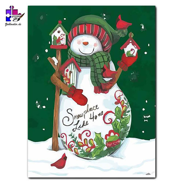 Der Schneemann und seine Vogelhäuser | Malen nach Zahlen-Zahlmaler.de