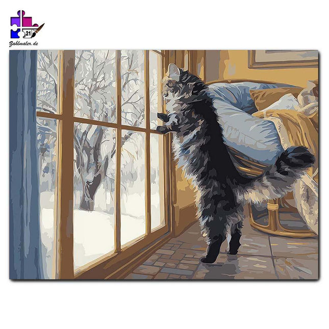 Der sprungbereite Kater vorm Fenster - Winterlandschaft | Malen nach Zahlen-Zahlmaler.de