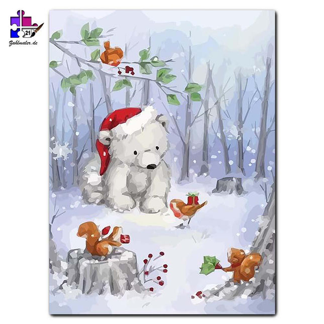 Der weihnachtlicher Eisbär mit seinen Eichhörnchen Freunden | Malen nach Zahlen-Zahlmaler.de