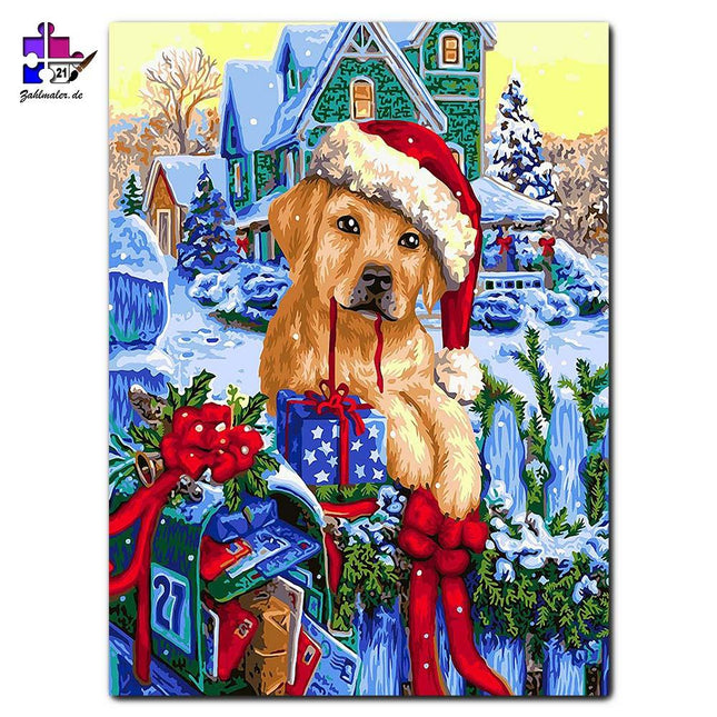 Der Weihnachtshund mit seinen Geschenken | Malen nach Zahlen-Zahlmaler.de