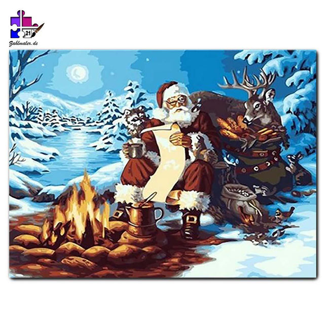 Der Weihnachtsmann beim Lagerfeuer | Malen nach Zahlen-Zahlmaler.de