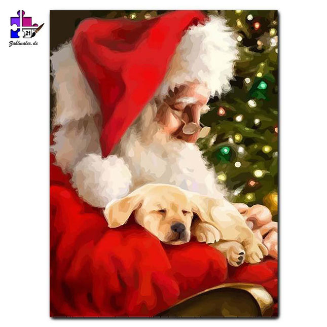 Der Weihnachtsmann und der kleine Welpe | Malen nach Zahlen-Zahlmaler.de