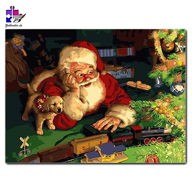 Der Weihnachtsmann und seine Modelleisenbahn | Malen nach Zahlen-Zahlmaler.de