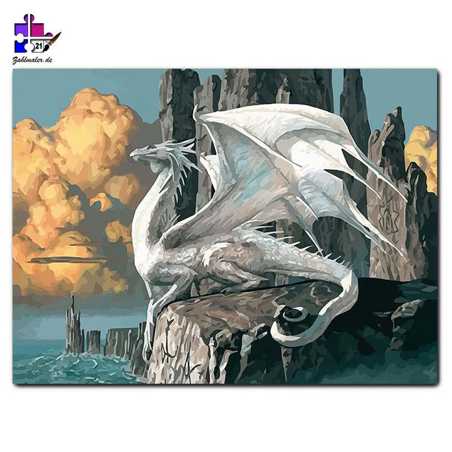 Der weiße Drachen an der Klippe | Malen nach Zahlen-Zahlmaler.de