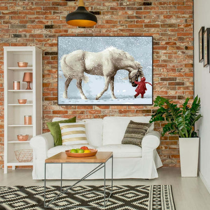 Der weiße Pferde-Riese im Schneesturm mit rotem Kind | Malen nach Zahlen-Zahlmaler.de