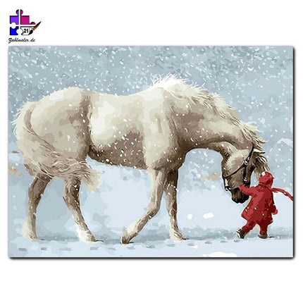 Der weiße Pferde-Riese im Schneesturm mit rotem Kind | Malen nach Zahlen-Zahlmaler.de