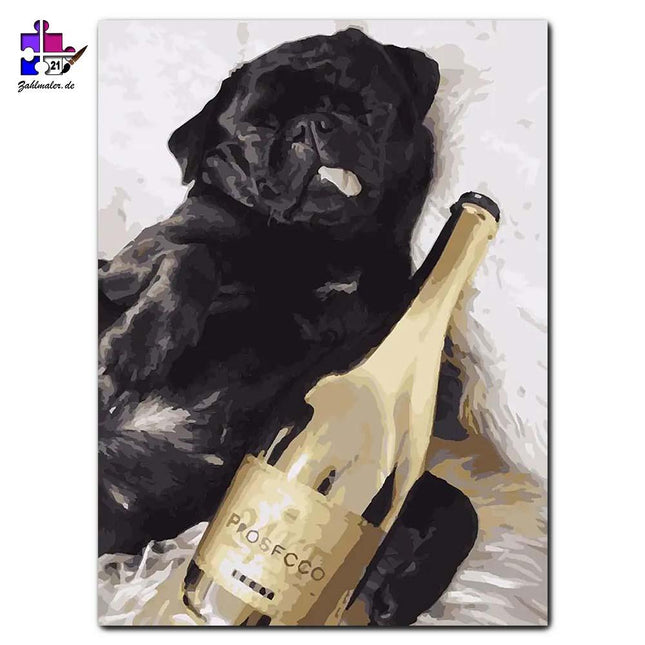 Des kleine Mops mit seinem Prosecco | Malen nach Zahlen-Zahlmaler.de