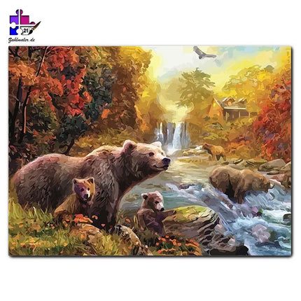 Die Bärenfamilie auf Lachsjagd | Malen nach Zahlen-Zahlmaler.de