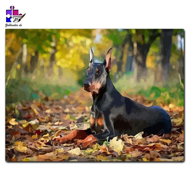 Die braun befleckte Dogge im Laub | Malen nach Zahlen-Zahlmaler.de