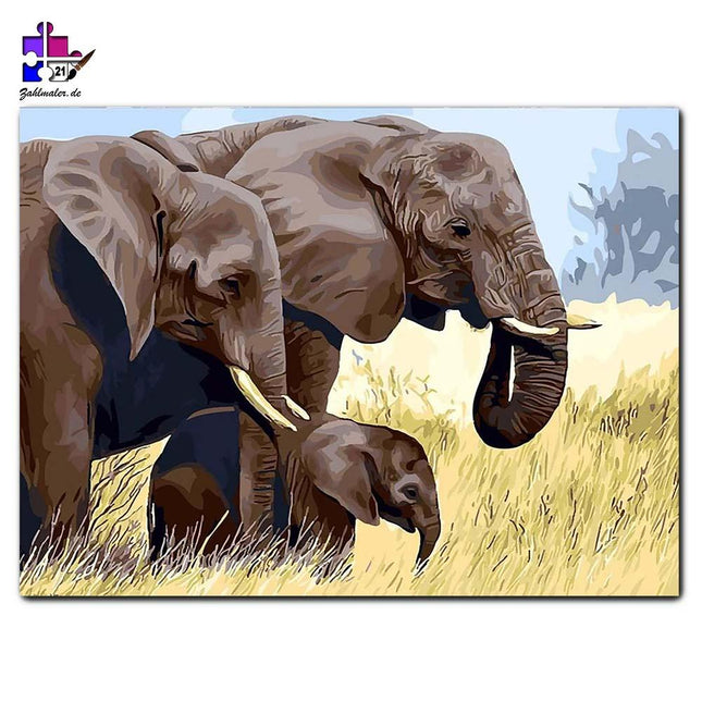 Die Elefantenfamilie in der Sahara | Malen nach Zahlen-Zahlmaler.de