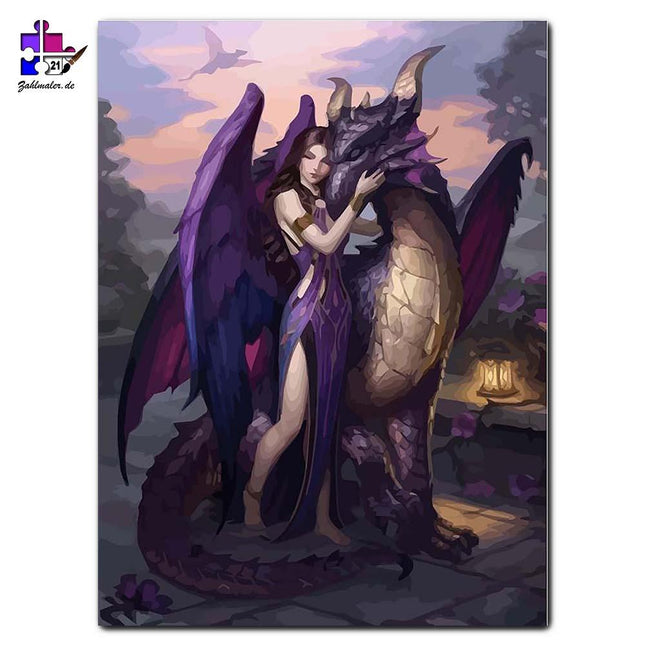 Die heiliger Kriegerin und ihr lilaner Drachen | Malen nach Zahlen-Zahlmaler.de