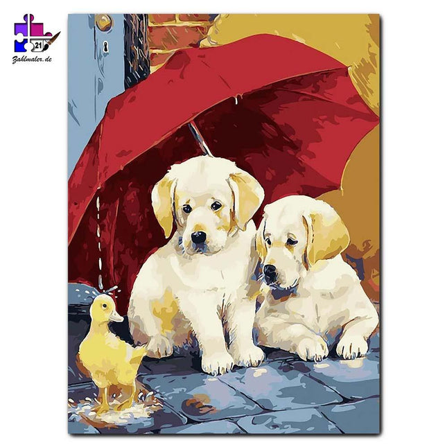 Die Hundefamilie und das kleine Entchen | Malen nach Zahlen-Zahlmaler.de
