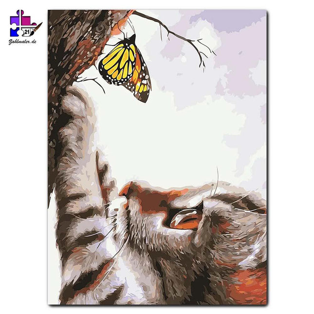 Die Katze und der gelbe Schmetterling | Malen nach Zahlen-Zahlmaler.de