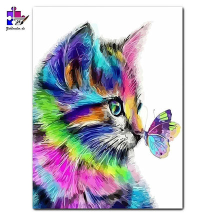 Die Katze und der Schmetterling - bunt | Malen nach Zahlen-Zahlmaler.de