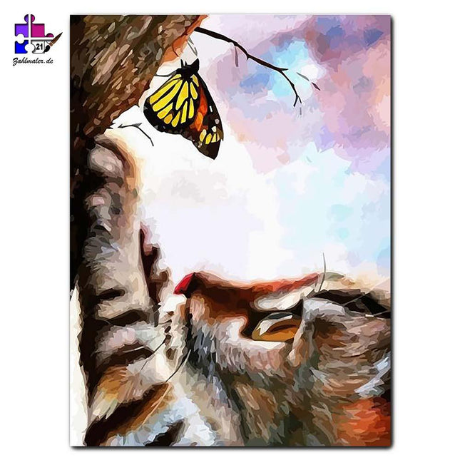 Die Katze und der Schmetterling | Malen nach Zahlen-Zahlmaler.de