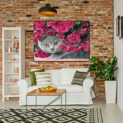 Die Katze unter den lilanen Blumen | Malen nach Zahlen-Zahlmaler.de