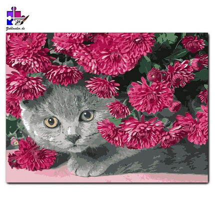 Die Katze unter den lilanen Blumen | Malen nach Zahlen-Zahlmaler.de