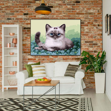 Die kleine Miezekatze in den blauen Blumen | Malen nach Zahlen-Zahlmaler.de