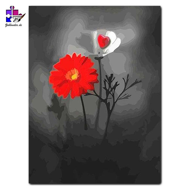 Die rote und die weiße Blume - schwarz-weiß | Malen nach Zahlen-Zahlmaler.de