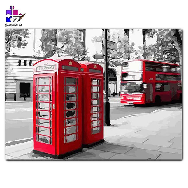 Die roten Telefonzellen - monochrom - schwarz-weiß | Malen nach Zahlen-Zahlmaler.de