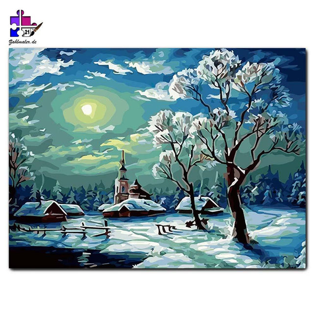 Die verschneite Dorfkirche | Malen nach Zahlen-Zahlmaler.de