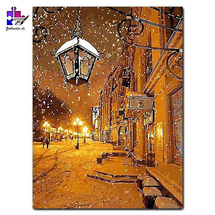 Die verschneite Straße in der Nacht | Malen nach Zahlen-Zahlmaler.de