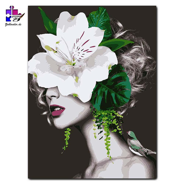 Die wunderschöne Mädchen mit der weißen Blume | Malen nach Zahlen-Zahlmaler.de