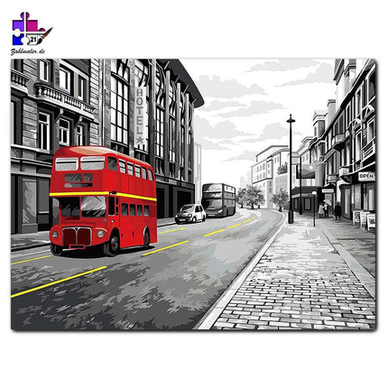Doppeldecker Bus auf schwarz-weiß Hintergrund in London | Malen nach Zahlen-Zahlmaler.de