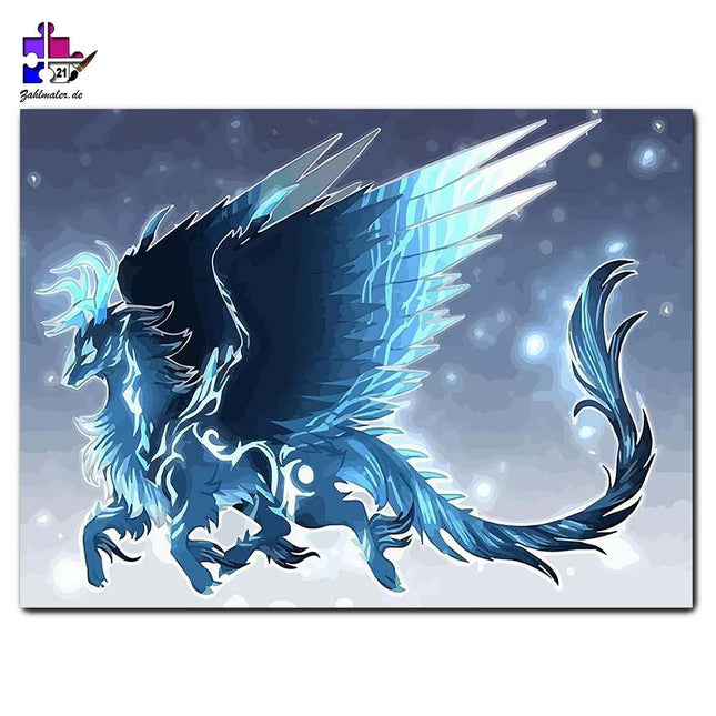 Drache in Pegasus Form in weiß-blauen Tönen | Malen nach Zahlen-Zahlmaler.de