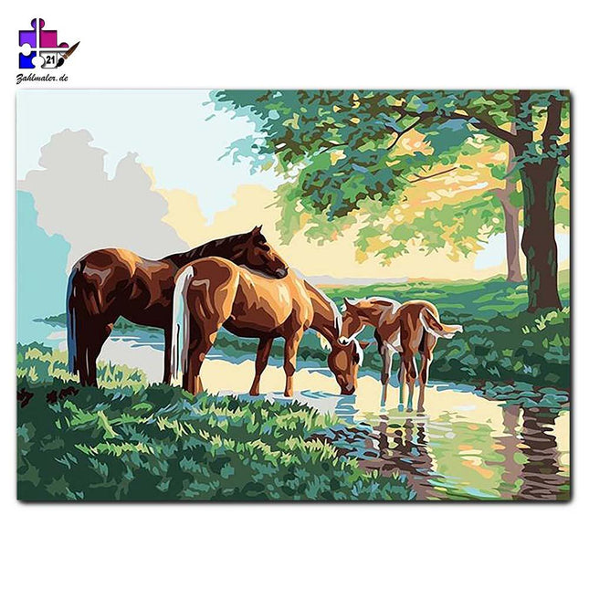 Durstige  Pferdefamilie unter der Eiche | Malen nach Zahlen-Zahlmaler.de