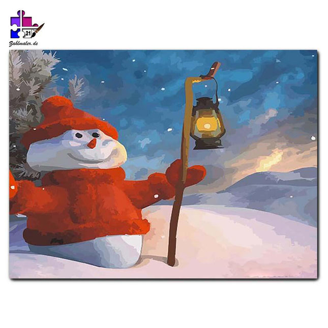 Ein Schneemann mit Laterne und roter Mütze | Malen nach Zahlen-Zahlmaler.de