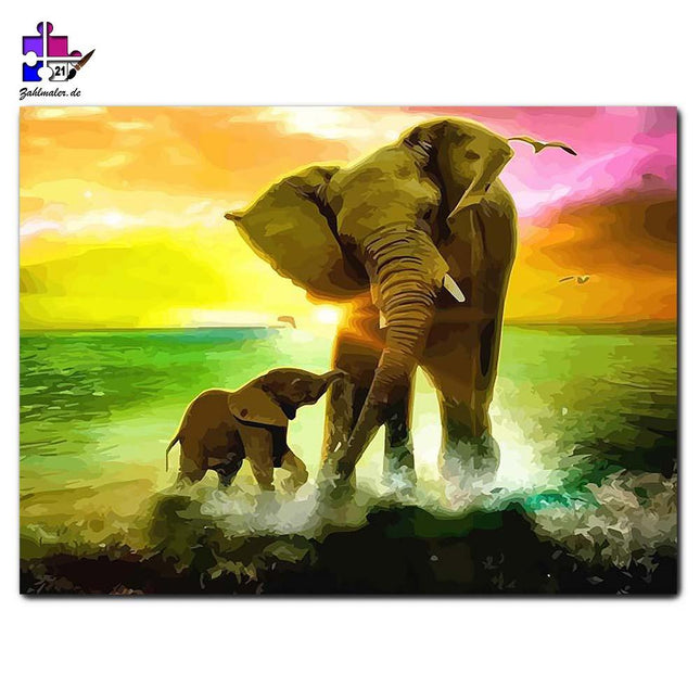 Elefanten im Sonnenuntergang | Malen nach Zahlen-Zahlmaler.de