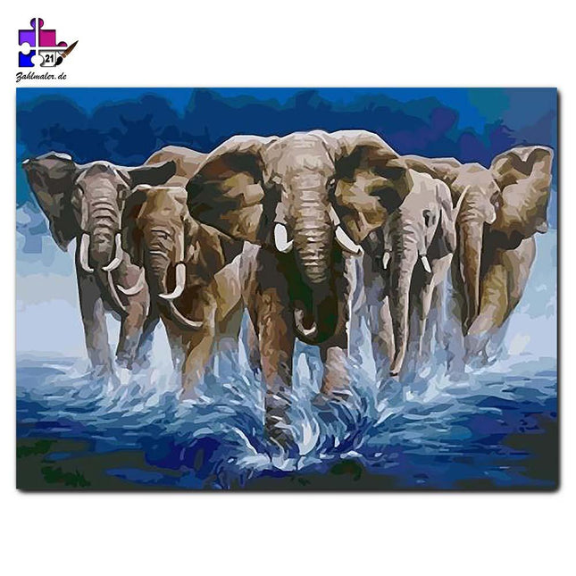 Elefantenherde durch Wasser mit Wellen | Malen nach Zahlen-Zahlmaler.de