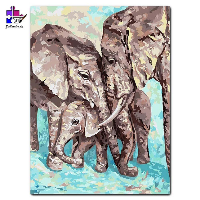 Elefantenpaar mit Elefantenbaby im Meer | Malen nach Zahlen-Zahlmaler.de