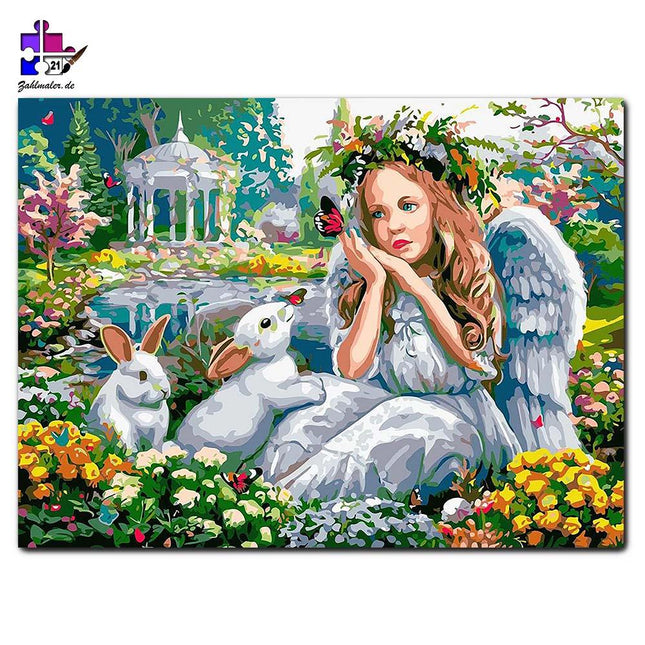 Engel im Edengarten mit süßen Hasen | Malen nach Zahlen-Zahlmaler.de