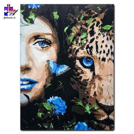 Frau und Leopard mit blau leuchtenden Augen | Malen nach Zahlen-Zahlmaler.de