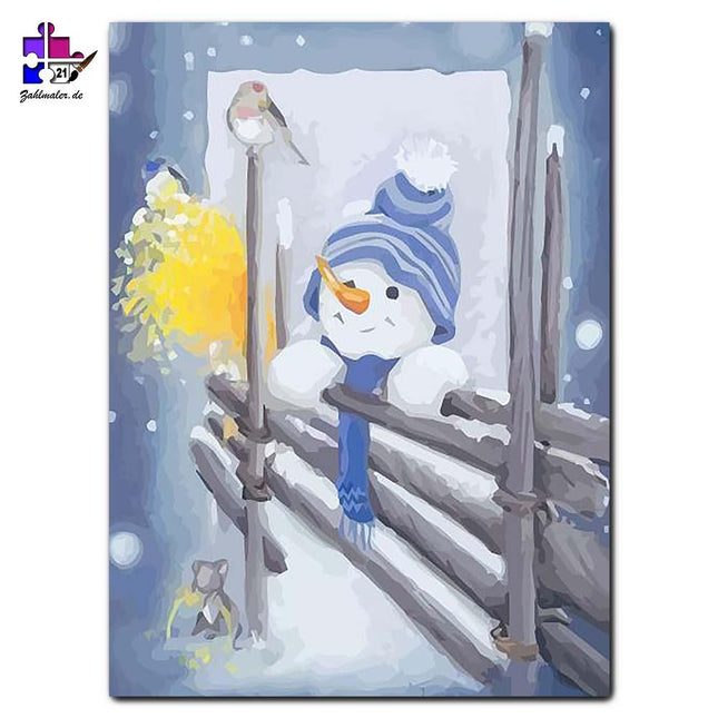 Froher Schneemann am Zaun | Malen nach Zahlen-Zahlmaler.de