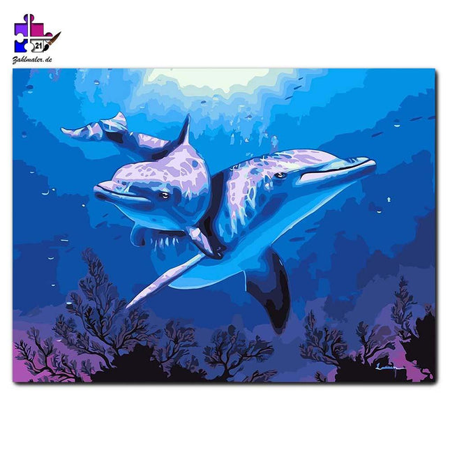 Frohes Delfinpaar über dem Korallenriff | Malen nach Zahlen-Zahlmaler.de