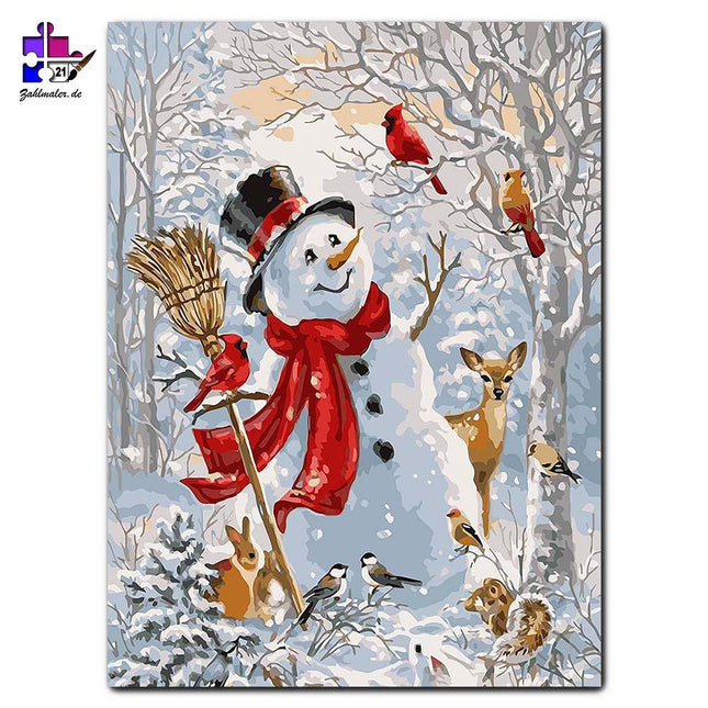 Fröhlicher Schneemann und seine Begleitung | Malen nach Zahlen-Zahlmaler.de