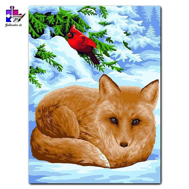 Fuchs und Rotspecht im Schnee | Malen nach Zahlen-Zahlmaler.de