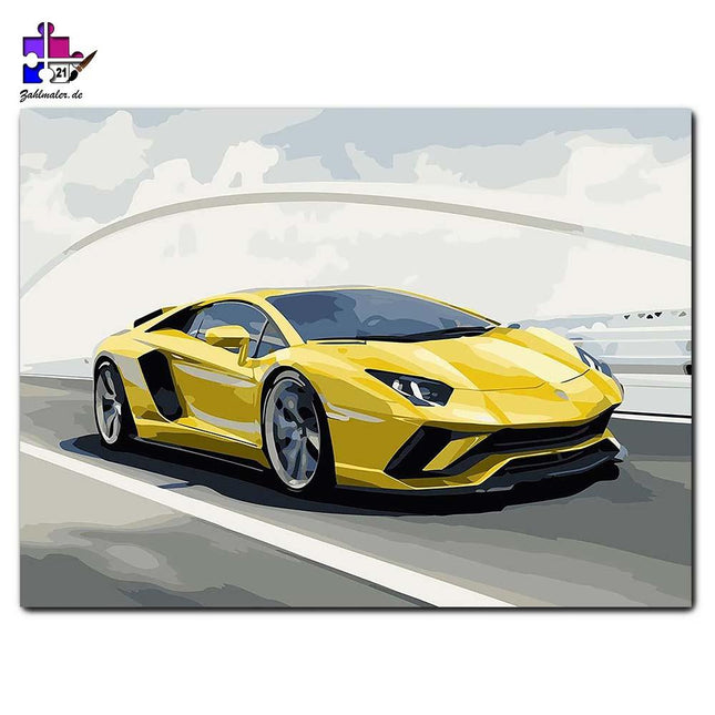 Gelber Lamborghini Aventador auf der Brücke | Malen nach Zahlen-Zahlmaler.de