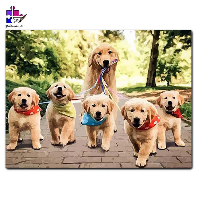 Glückliche Golden Retriever Familie | Malen nach Zahlen-Zahlmaler.de