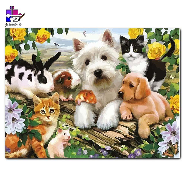 Haustiere aller Art zwischen gelben Rosen | Malen nach Zahlen-Zahlmaler.de