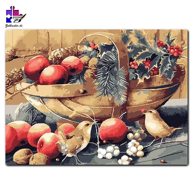 Herbstlicher Korb mit hungrigen Maisen | Malen nach Zahlen-Zahlmaler.de